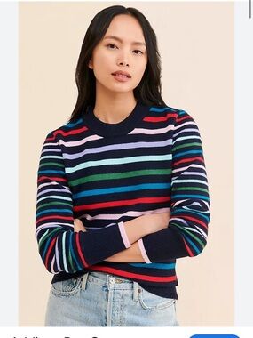 Addison Bay Knit Cypress Active Sweater NAVY MULTI STRIPE Crewneck Anthro Sz L